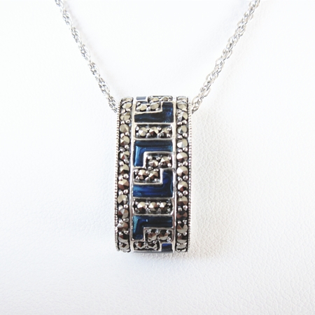 Blue Enamel Greek Key with Marcasite Slide - Click Image to Close
